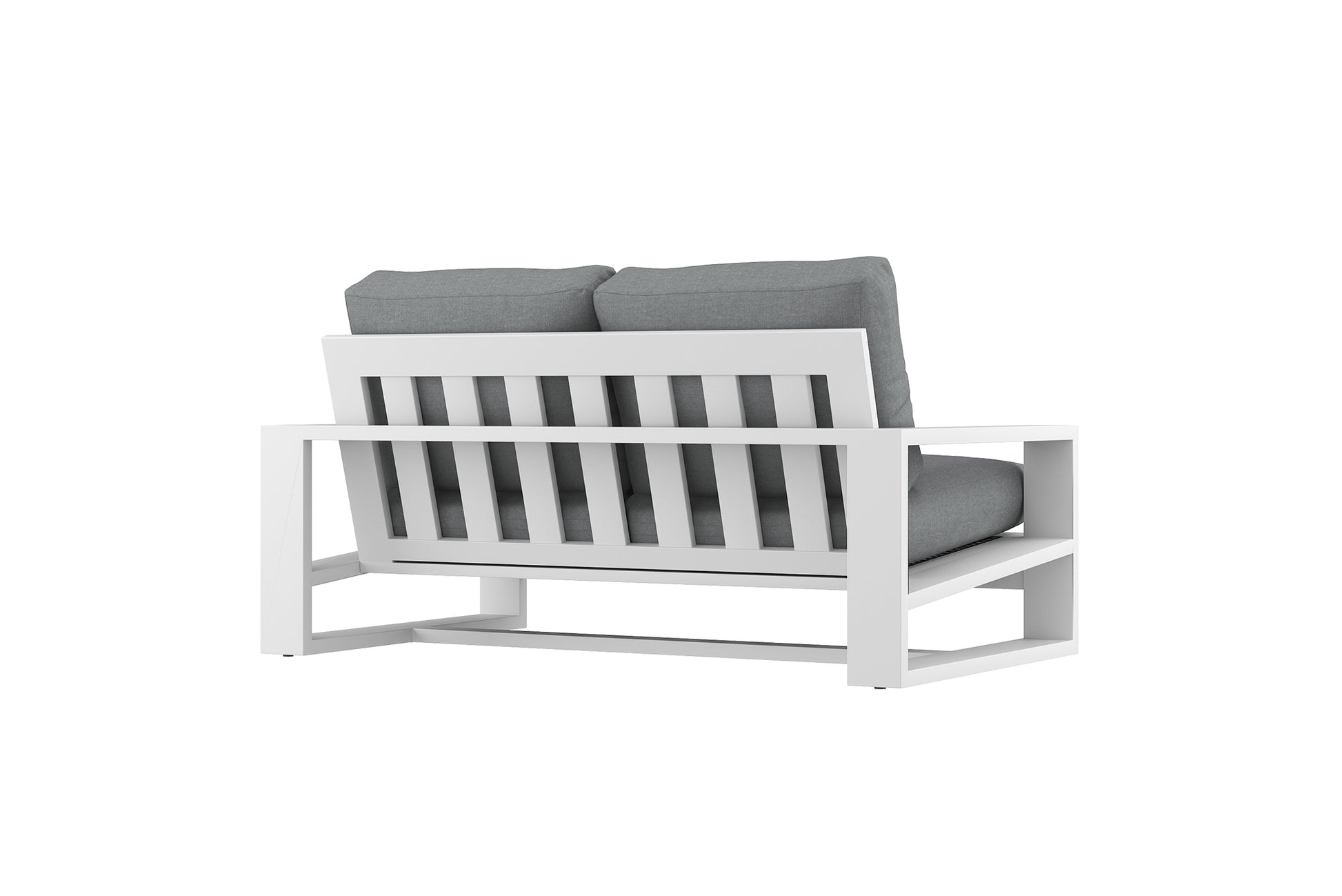 White outdoor sofa with gray cushions on a white background