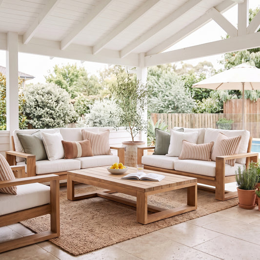 A coordinated outdoor patio furniture set on a covered porch, including two light wood sofas with off-white cushions and striped pillows, a matching coffee table, and part of a chair, arranged on a woven rug with plants and trees in the background.