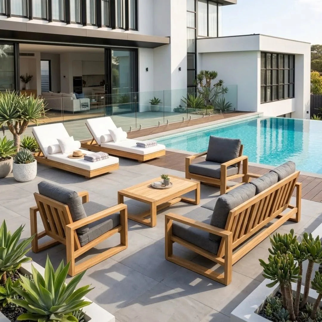 Modern outdoor patio furniture set including a wooden slat sofa, two armchairs with gray cushions, a matching coffee table, and two white lounge chaise lounges beside a swimming pool.