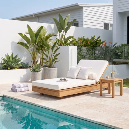 A modern outdoor chaise lounge with a light wood frame and white cushion sits beside a swimming pool on a tiled patio. The lounge is styled with white pillows, a small wooden side table, folded striped towels, and large potted tropical plants against a white wall and house background.