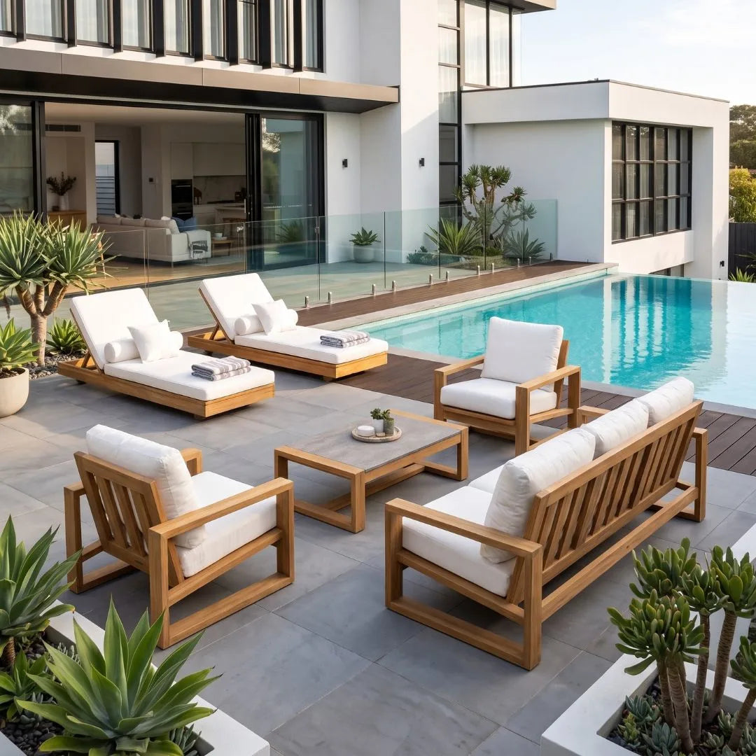A modern outdoor patio furniture set arranged on a tiled deck beside a swimming pool, including a wooden sofa, three wooden lounge chairs with white cushions, and a matching wooden coffee table.