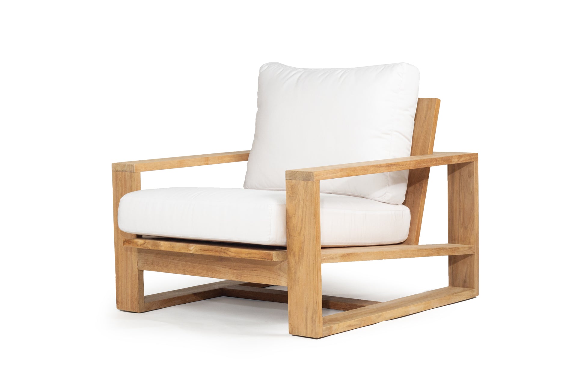 Teak Outdoor armchair with white cushion on a white background