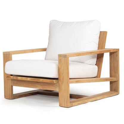 Teak Outdoor armchair with white cushion on a white background