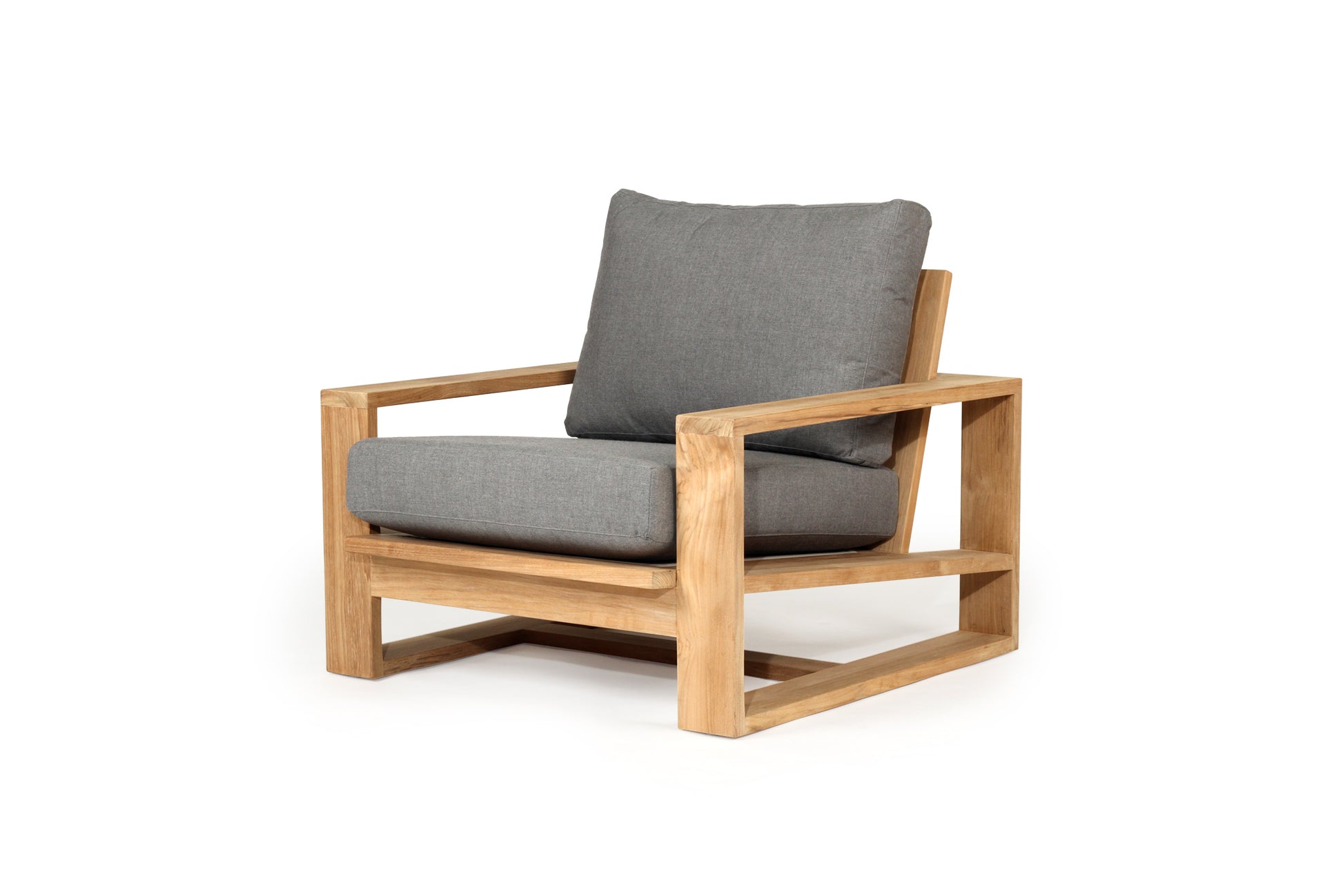 Teak Outdoor armchair with gray cushions on a white background