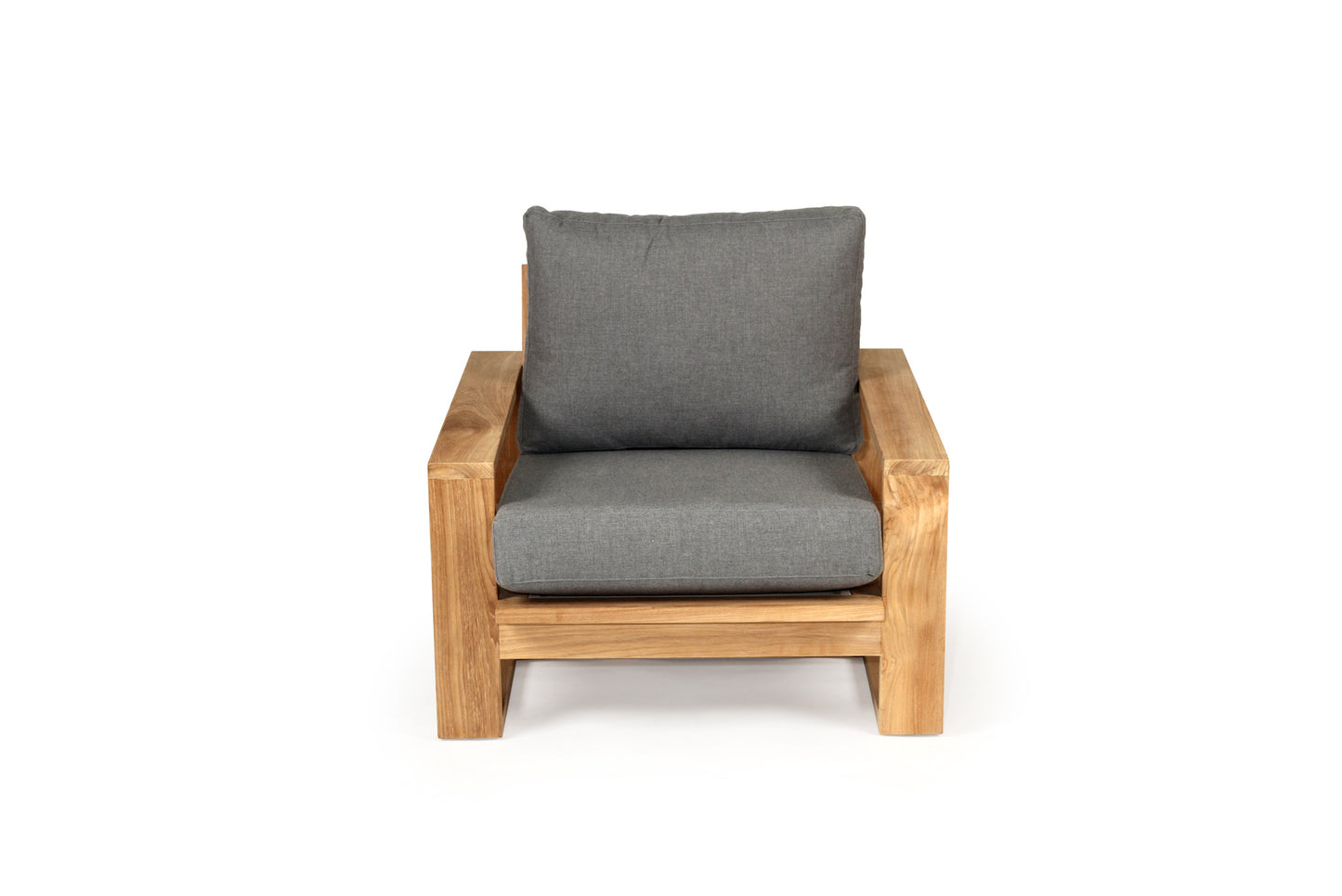 Teak Outdoor armchair with gray cushions on a white background