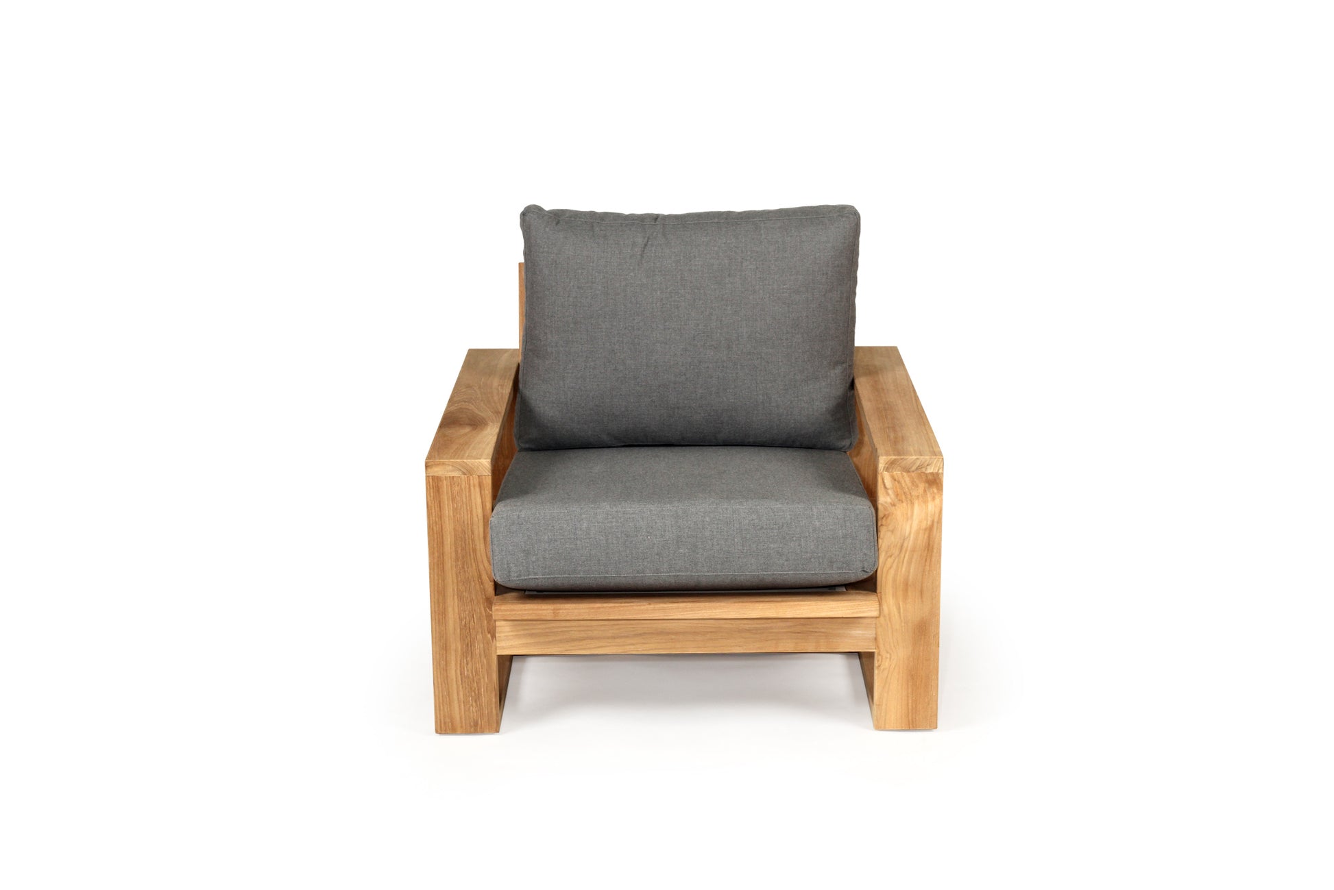 Teak Outdoor armchair with gray cushions on a white background