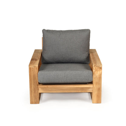 Teak Outdoor armchair with gray cushions on a white background