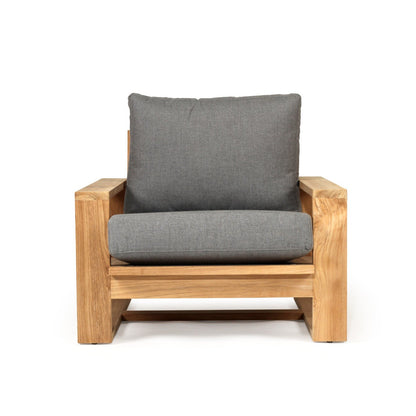 Teak Outdoor armchair with gray cushions on a white background