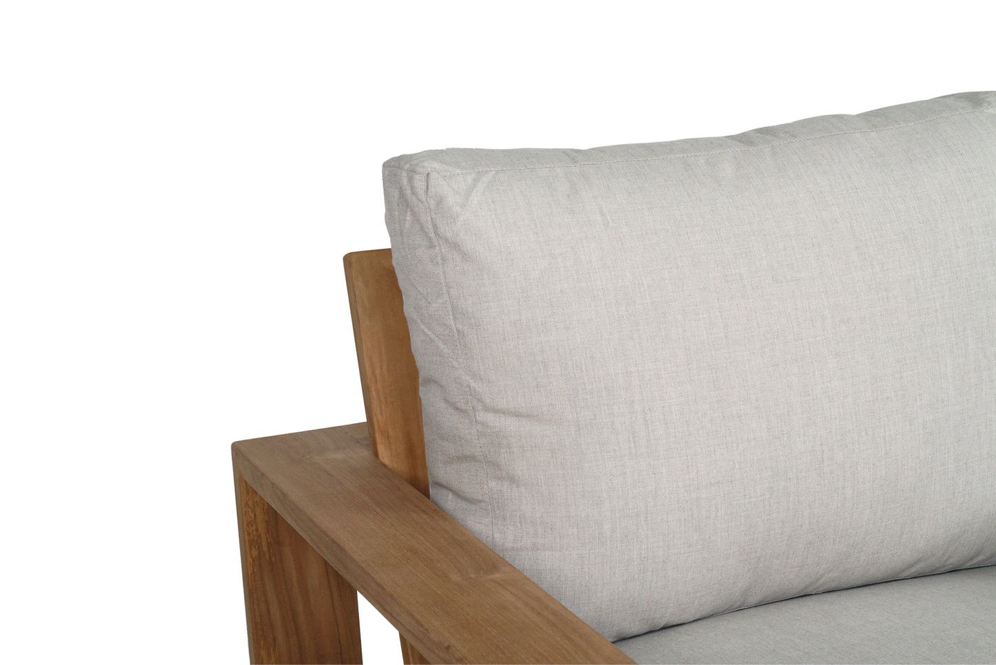Solid Teak Outddoor sofa with beige silver Sunbrella weather proof cushions on a white background