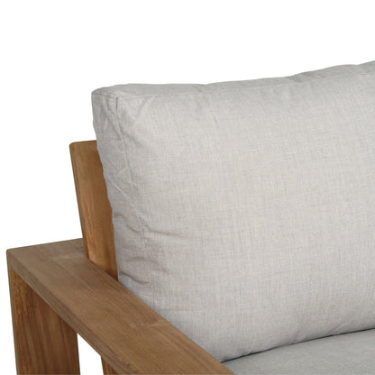 Solid Teak Outddoor sofa with beige silver Sunbrella weather proof cushions on a white background