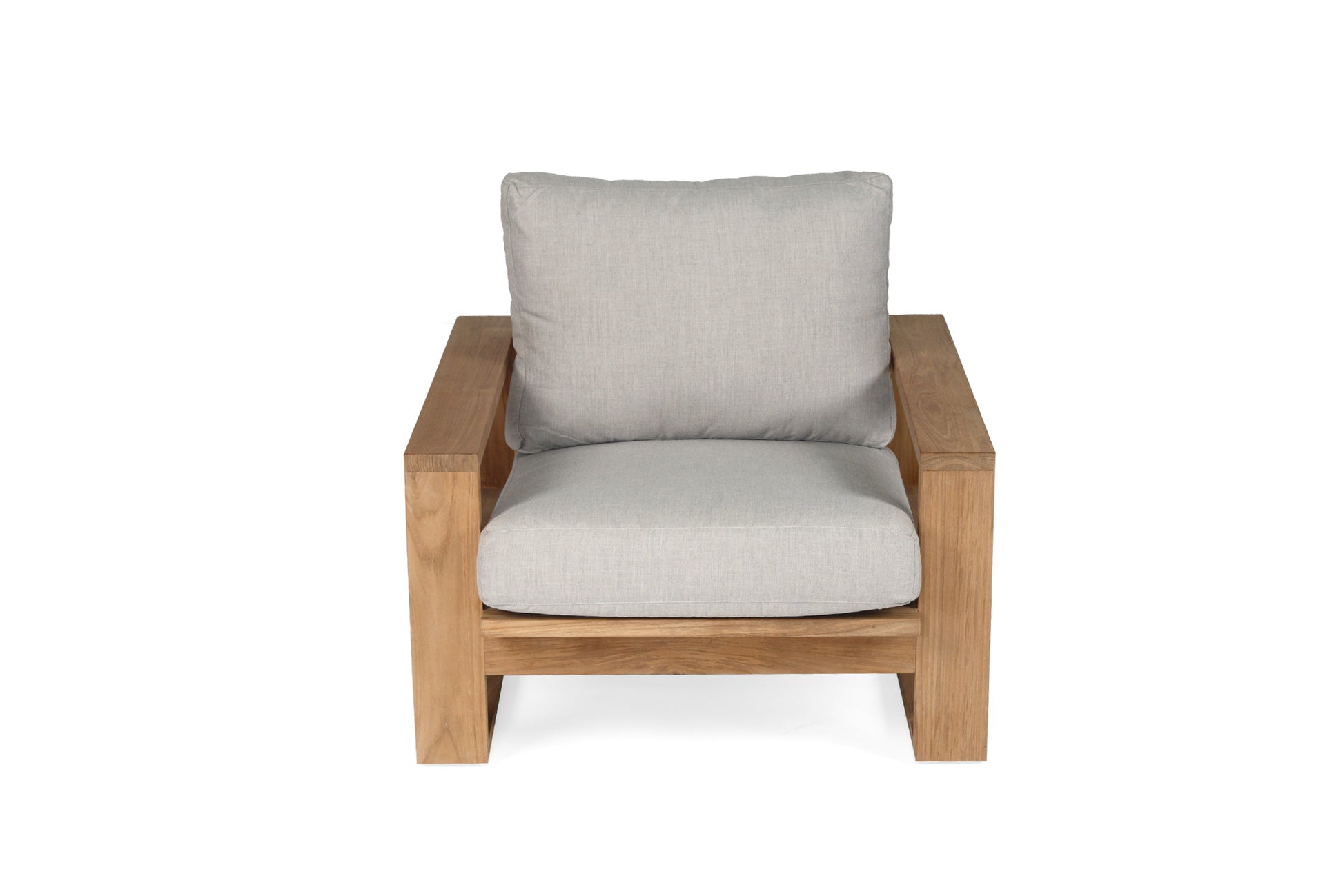 Teak Outdoor armchair with gray cushions on a white background