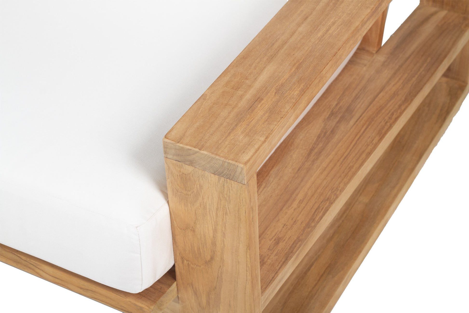 Teak Outdoor armchair with white cushion on a white background