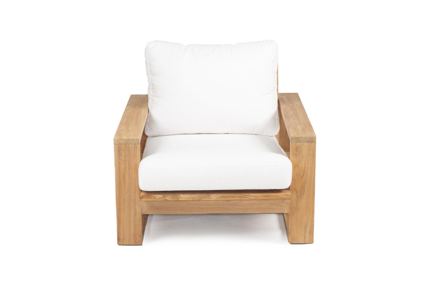 Teak Outdoor armchair with white cushion on a white background