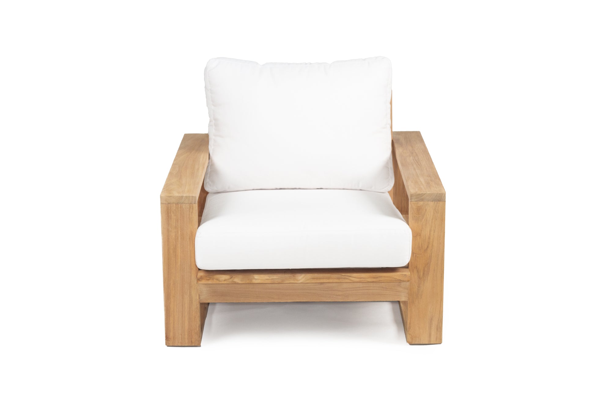 Teak Outdoor armchair with white cushion on a white background