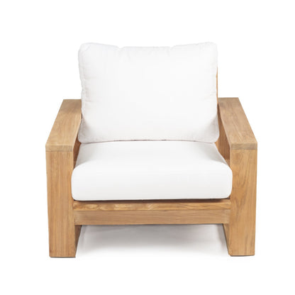 Teak Outdoor armchair with white cushion on a white background