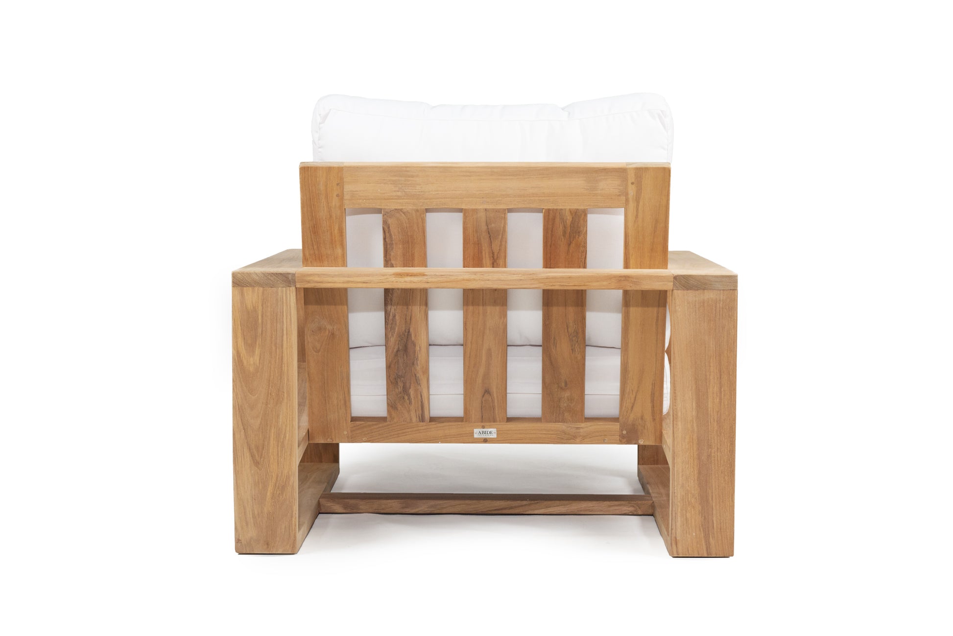 Teak Outdoor armchair with white cushion on a white background