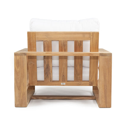 Teak Outdoor armchair with white cushion on a white background