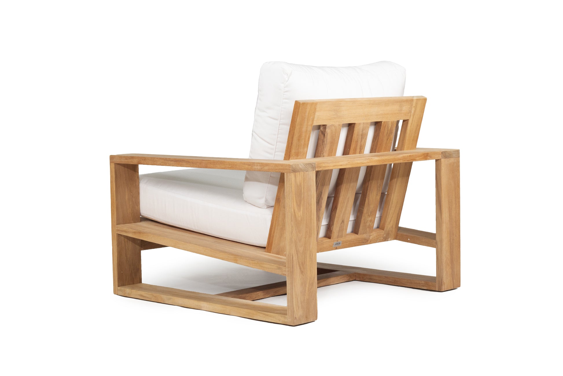 Teak Outdoor armchair with white cushion on a white background