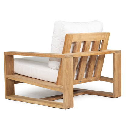 Teak Outdoor armchair with white cushion on a white background