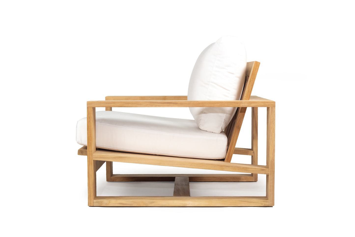 Teak Outdoor armchair with white cushion on a white background
