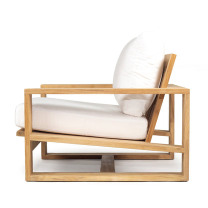 Teak Outdoor armchair with white cushion on a white background
