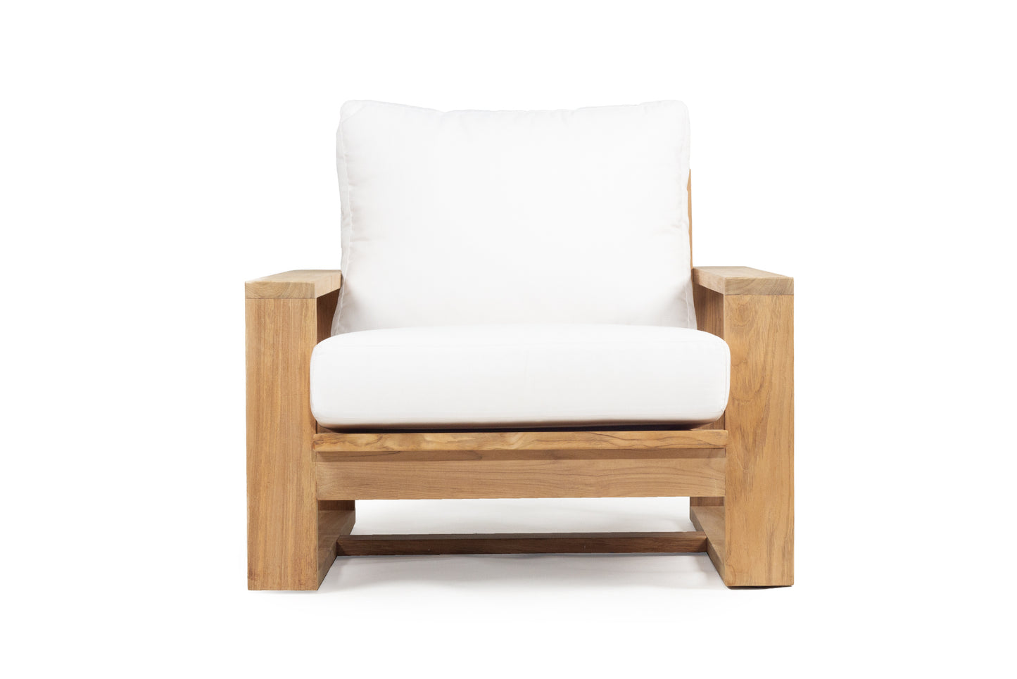 Teak Outdoor armchair with white cushion on a white background