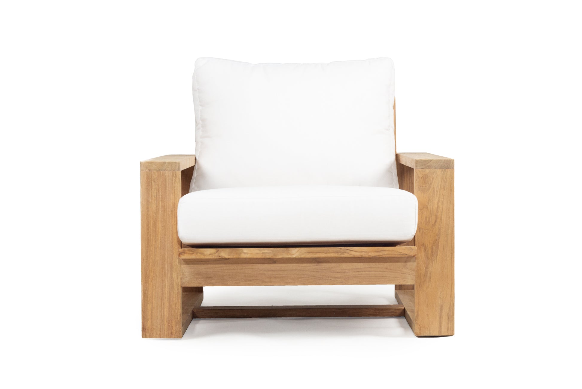 Teak Outdoor armchair with white cushion on a white background