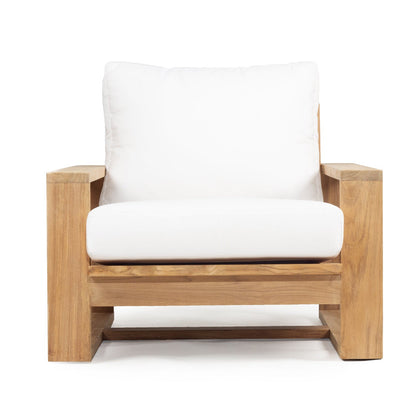 Teak Outdoor armchair with white cushion on a white background