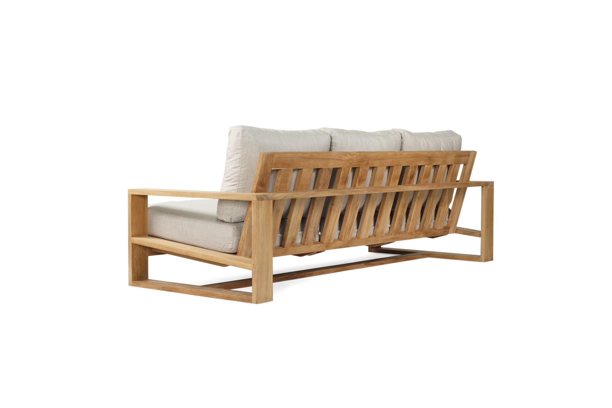 Solid Teak Outdoor sofa with wooden frame and gray cushions on a white background