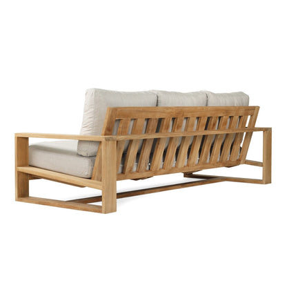 Solid Teak Outdoor sofa with wooden frame and gray cushions on a white background
