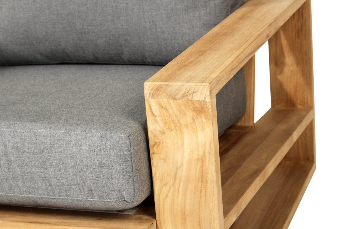 Teak Outdoor armchair with gray cushions on a white background