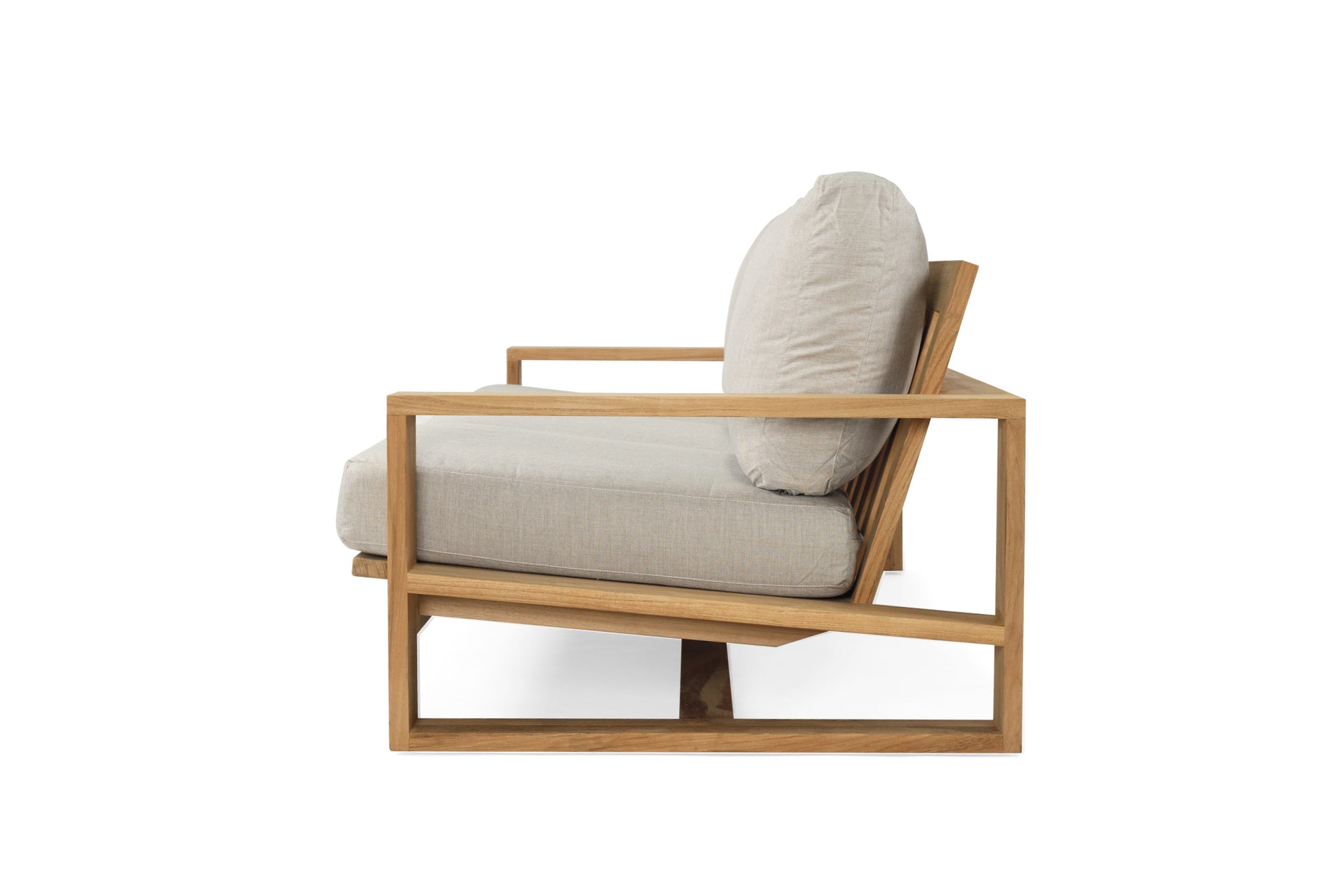 Modern chair with wooden frame and beige cushions on a white background