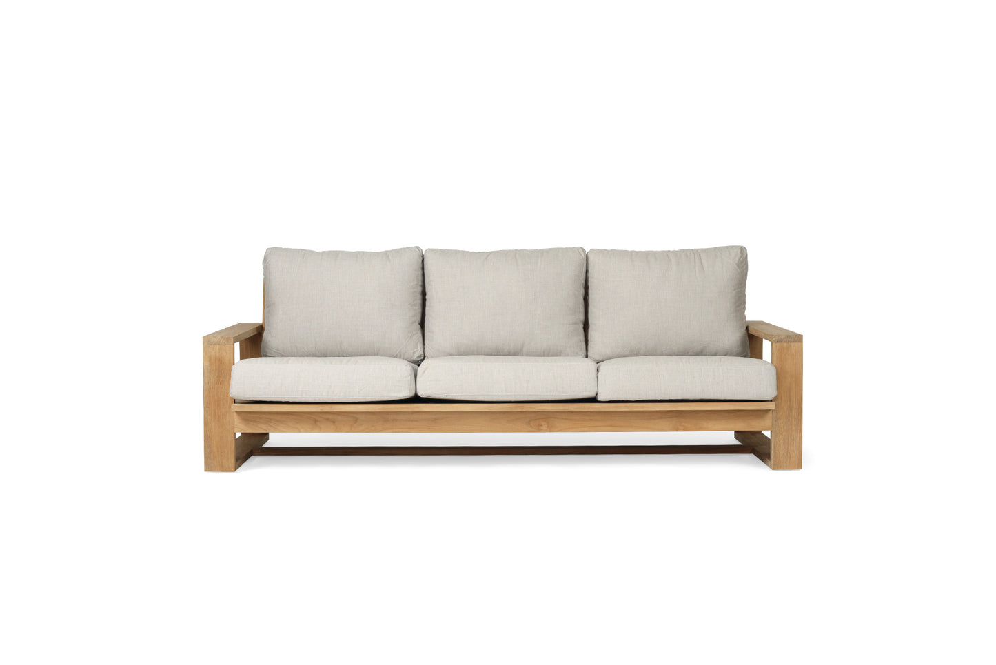 Wooden sofa with beige cushions on a white background