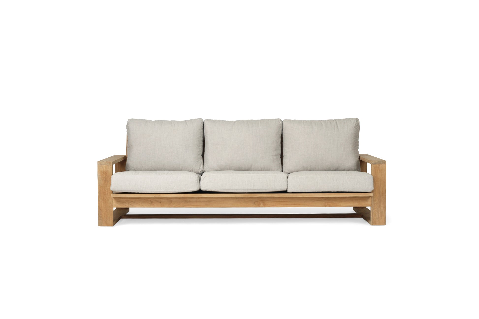 Wooden sofa with beige cushions on a white background