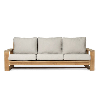 Wooden sofa with beige cushions on a white background