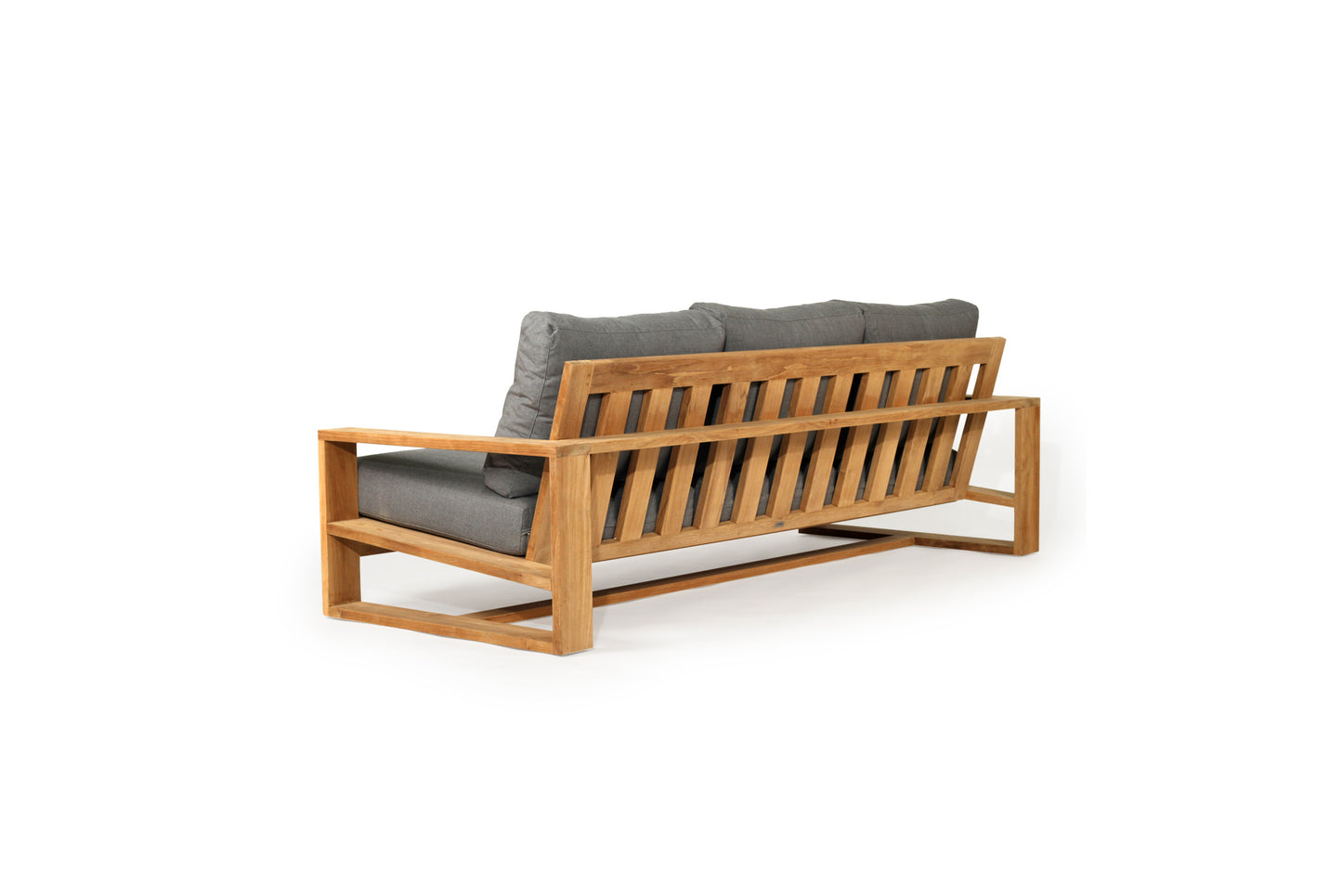 Solid Teak Outdoor sofa with wooden frame and gray cushions on a white background