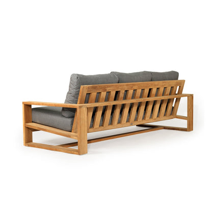 Solid Teak Outdoor sofa with wooden frame and gray cushions on a white background