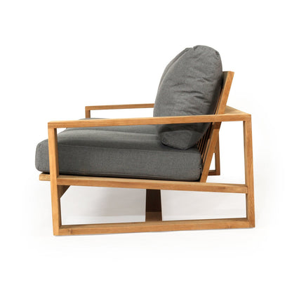 Solid Teak Outdoor sofa with wooden frame and gray cushions on a white background