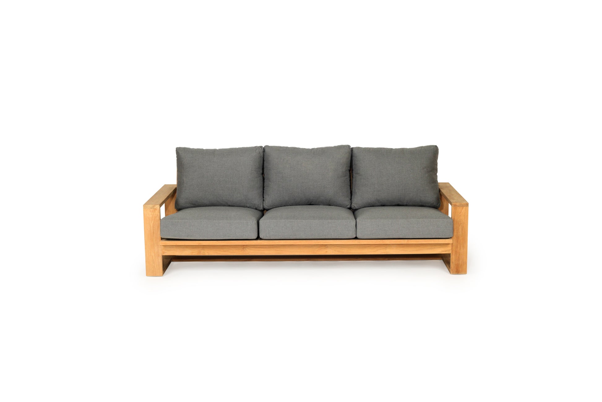 Solid Teak Outdoor sofa with wooden frame and gray cushions on a white background