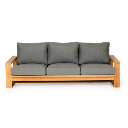 Solid Teak Outdoor sofa with wooden frame and gray cushions on a white background