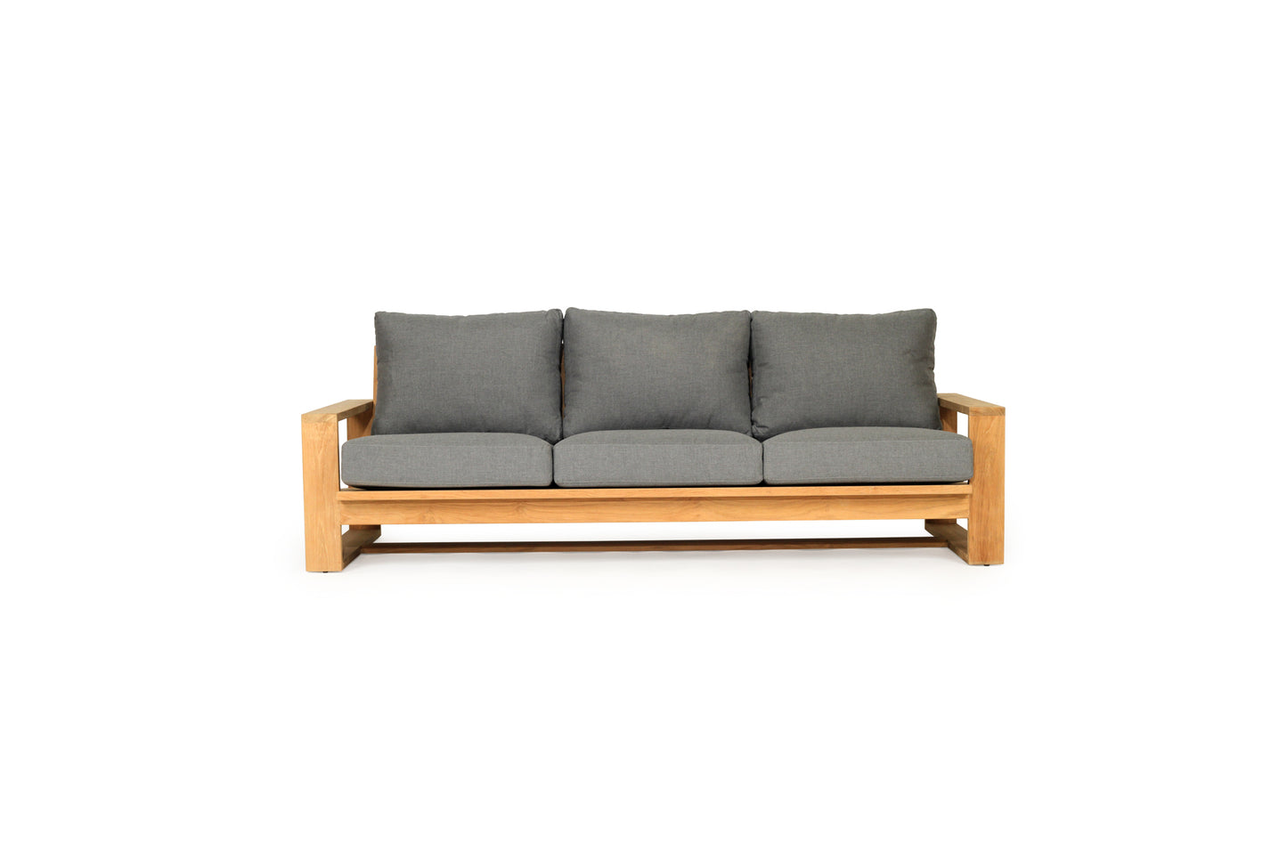 Solid Teak Outdoor sofa with wooden frame and gray cushions on a white background