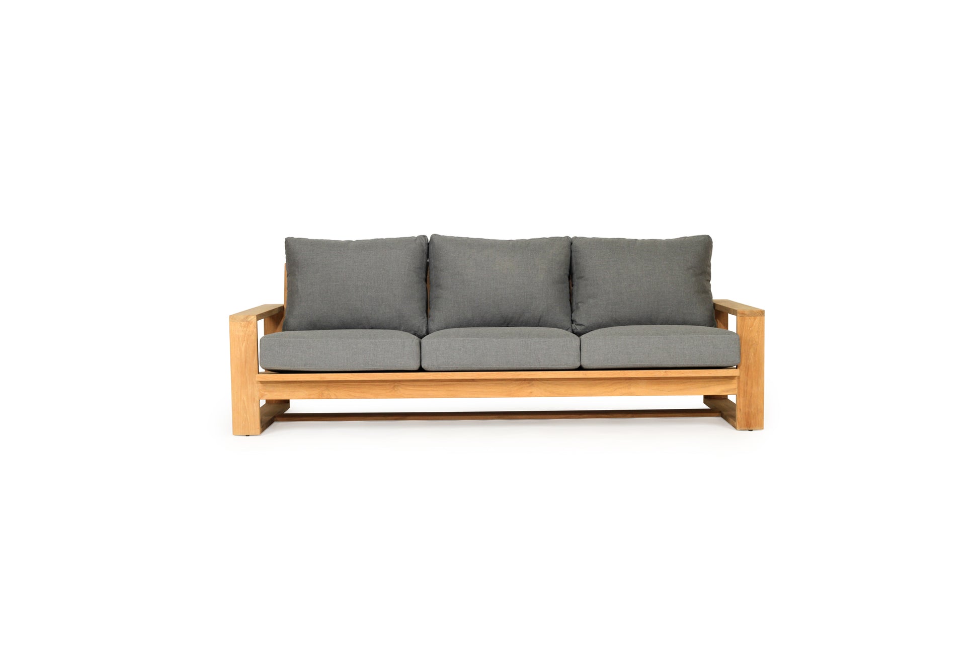 Solid Teak Outdoor sofa with wooden frame and gray cushions on a white background