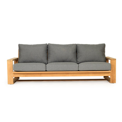 Solid Teak Outdoor sofa with wooden frame and gray cushions on a white background