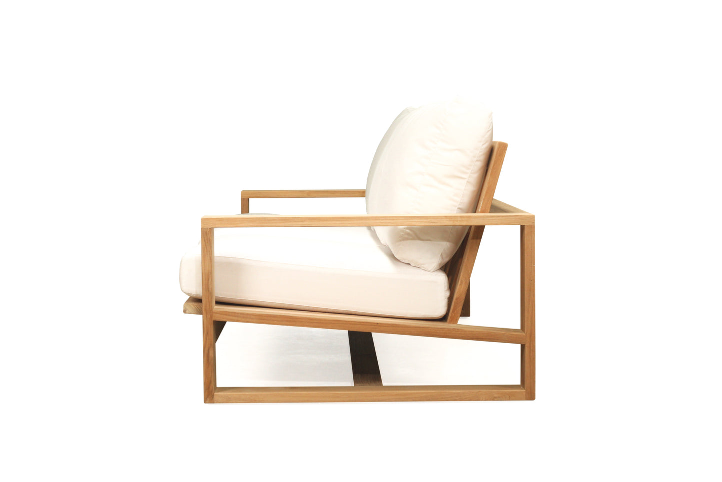 Modern chair with wooden frame and white cushion on a white background