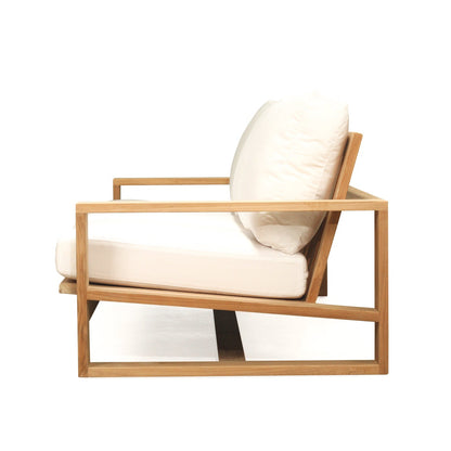 Modern chair with wooden frame and white cushion on a white background