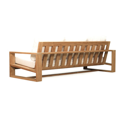 Wooden outdoor sofa with white cushions on a white background