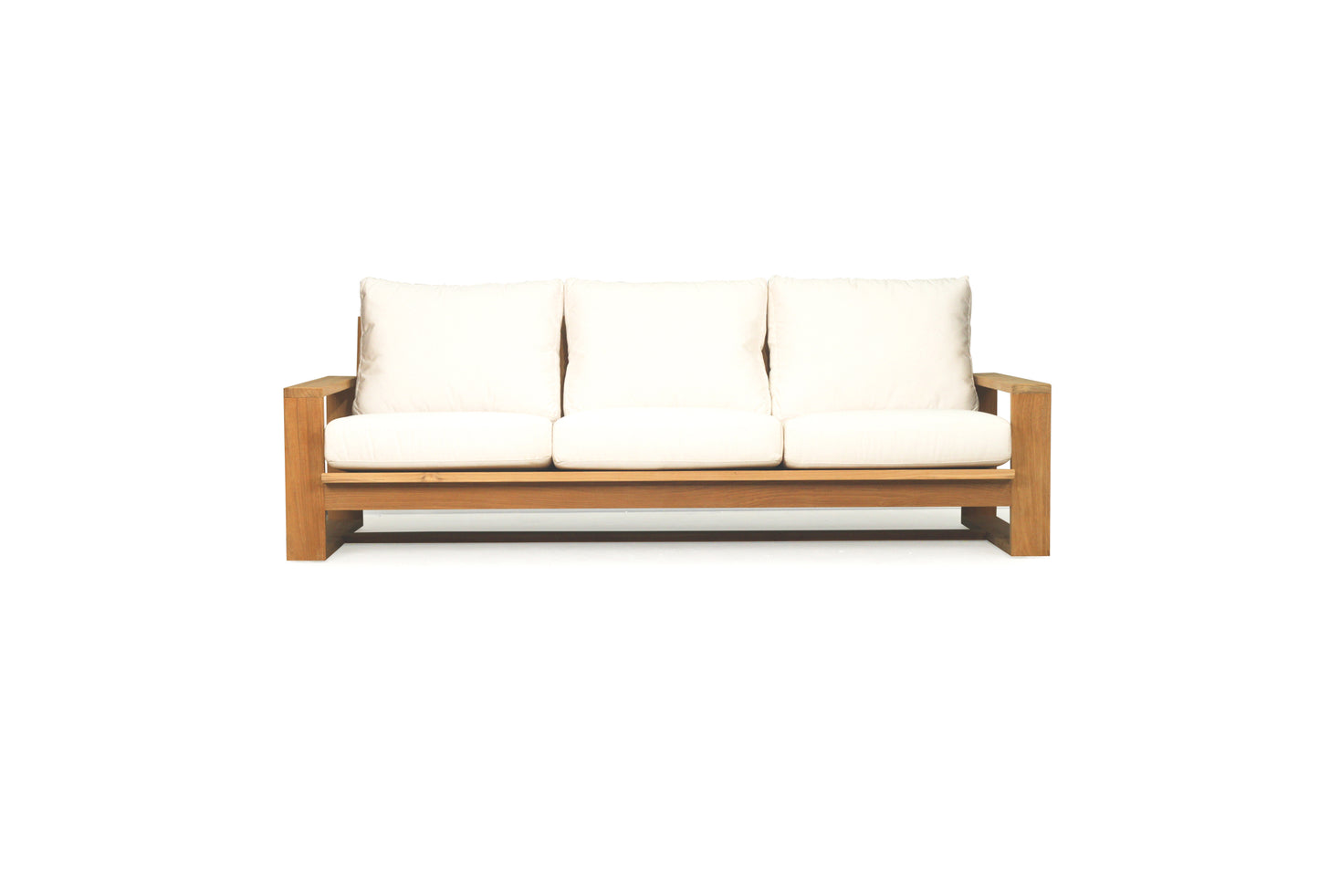 Wooden sofa with white cushions on a white background