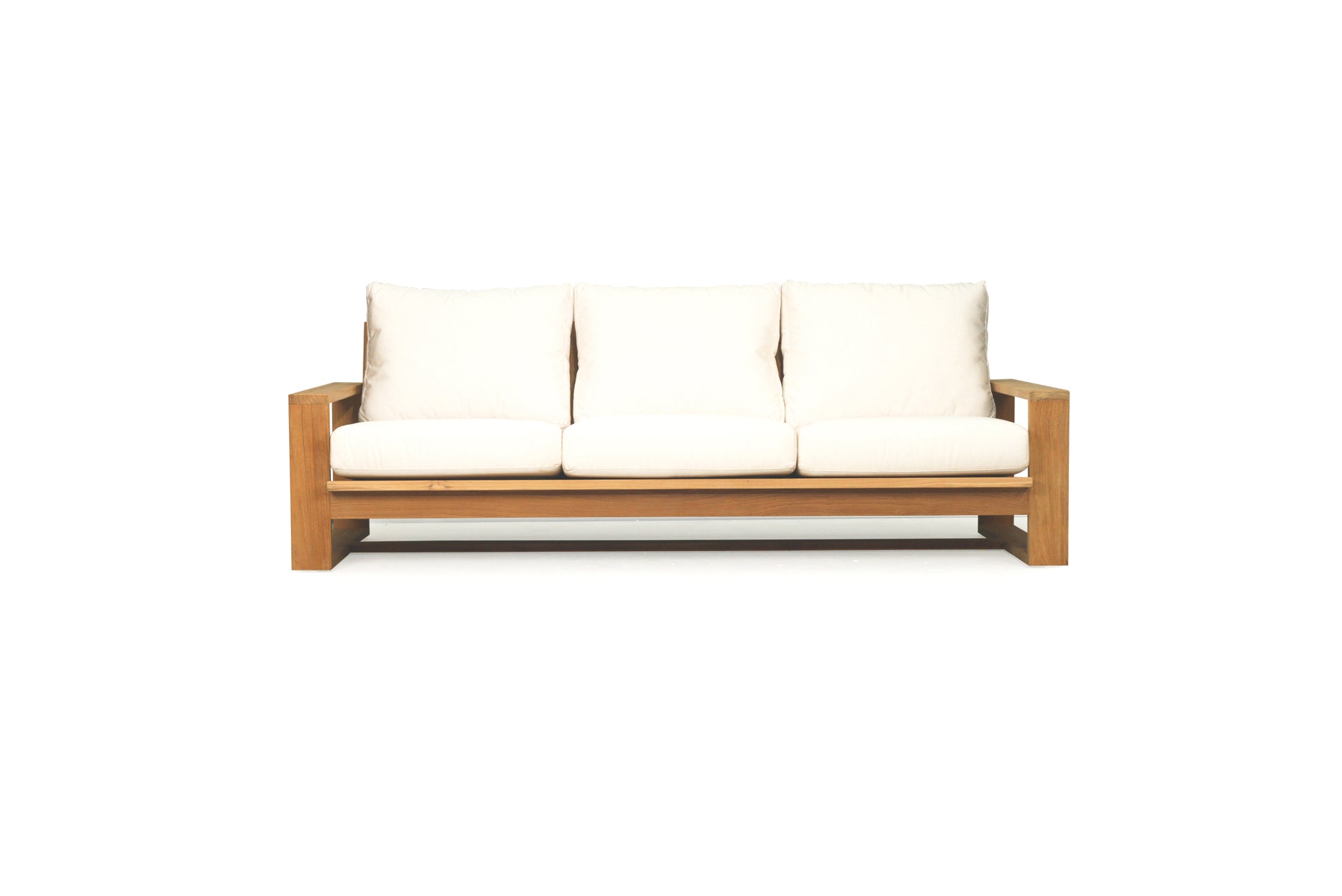 Wooden sofa with white cushions on a white background