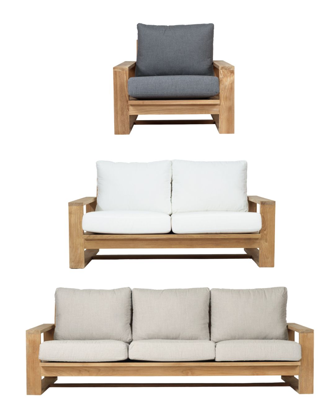 Set of outdoor furniture including a chair, loveseat, and sofa with cushions on a white background.