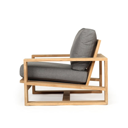 Teak Outdoor armchair with gray cushions on a white background